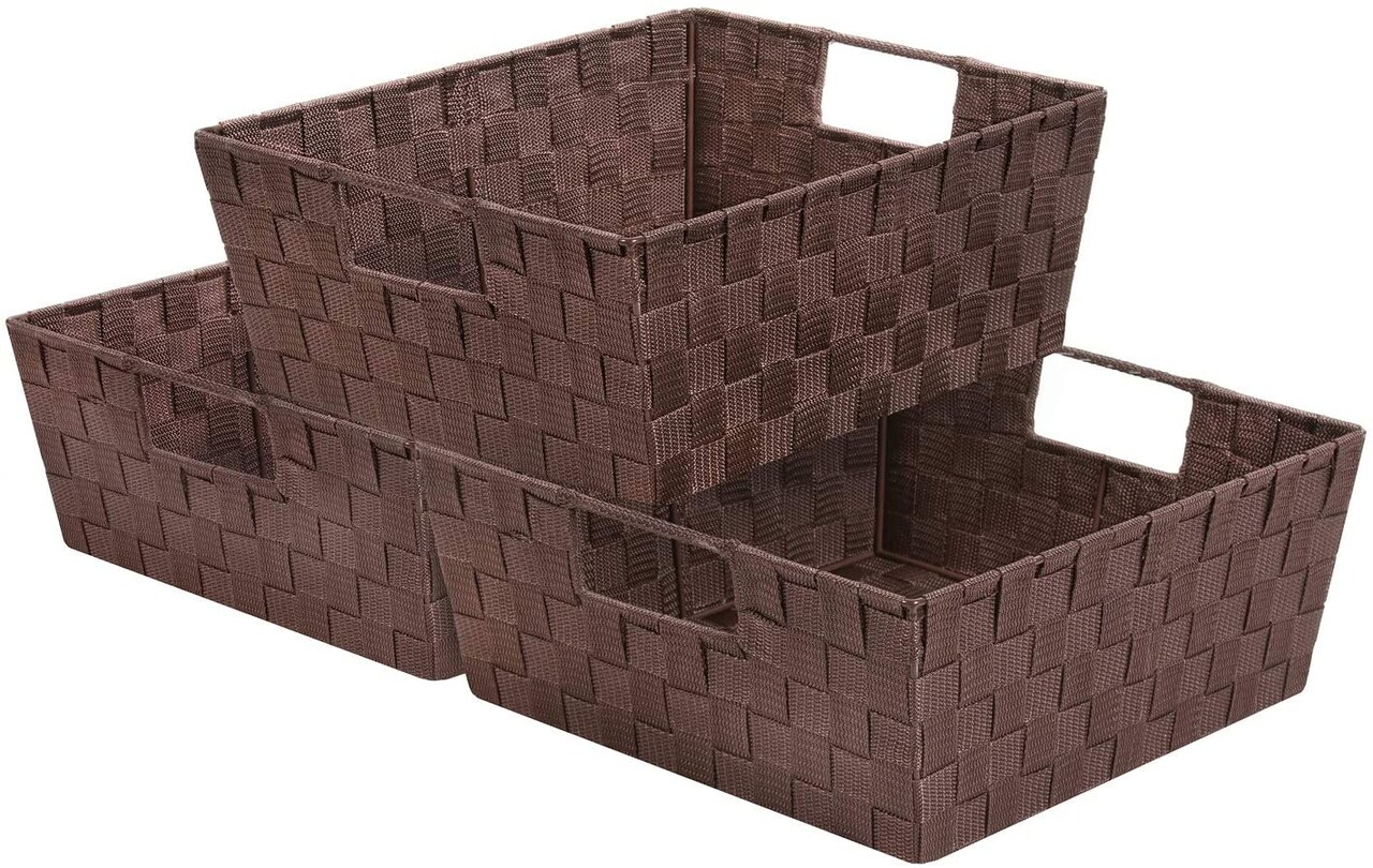 Sorbus Woven Basket Bin Set - Shelf Storage Tote Baskets for Household Items - Stackable with Woven Straps and built-in Carry Handles (3 Pack)